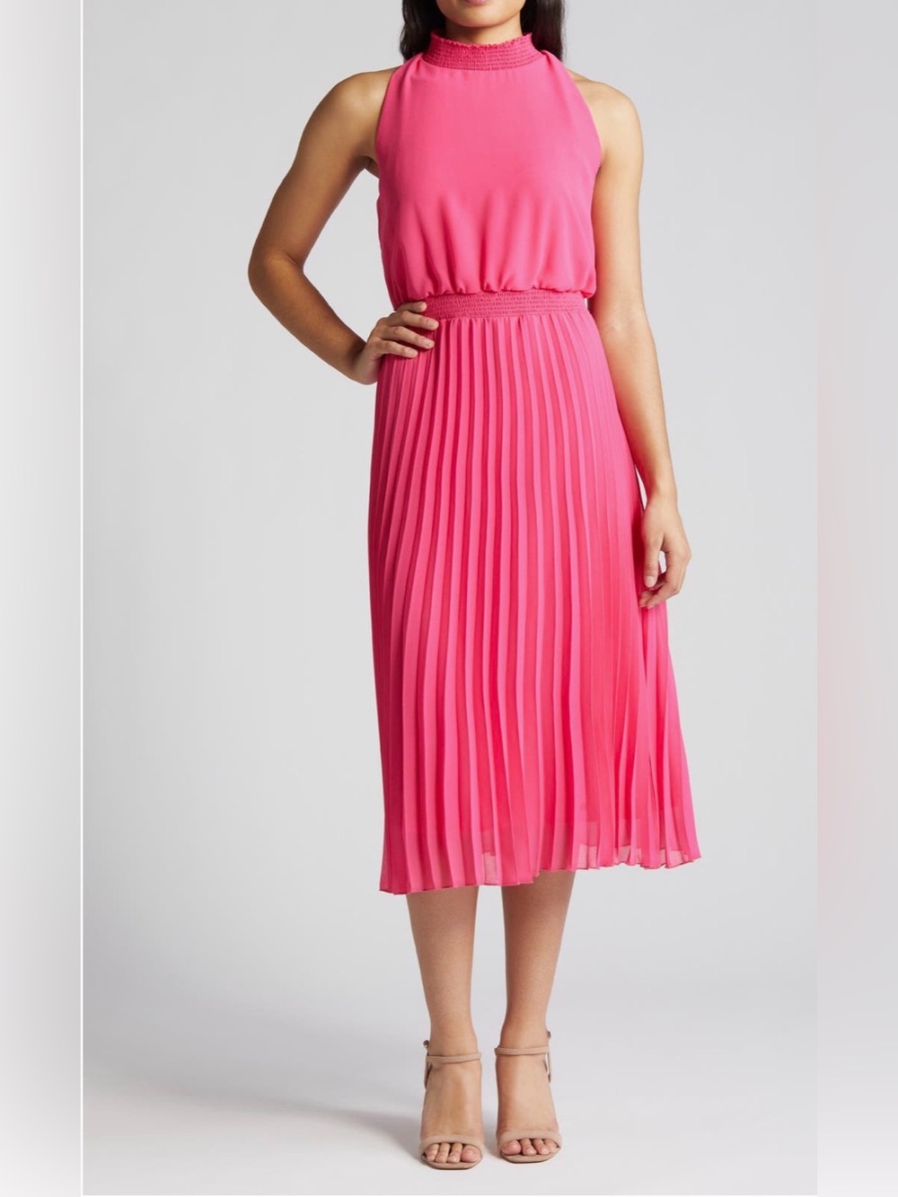 New! Sam Edelman Hot Pink Sleeveless Pleated Midi Dress Women’s Size 8 - Picture 1 of 16